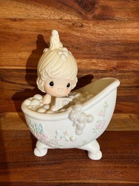 Precious Moments Cream Porcelain Baby Bathtub Figurine with Pastel Details